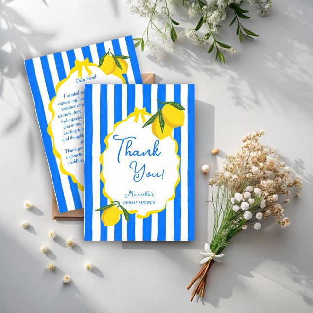 Ciao bella blåa ränder citroner bröllopsdusch tack kort (Ciao bella blue stripes lemons wavy border Italian bridal shower thank you cards)