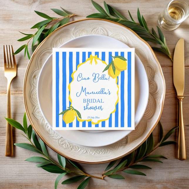 Ciao bella blåa ränder citroner bröllopsfest pappersservett (Ciao bella blue stripes wavy border lemons Italian bridal shower monogrammed printed napkins)