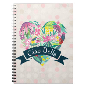 Ciao Bella Cute Blommigt Heart med Tropiska blommo Anteckningsbok Med Spiral