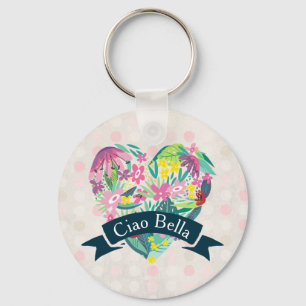 Ciao Bella Cute Blommigt Heart med Tropiska blommo Nyckelring