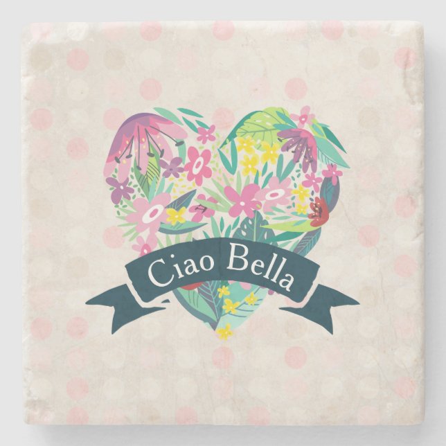 Ciao Bella Cute Blommigt Heart med Tropiska blommo Stenunderlägg (Framsidan)