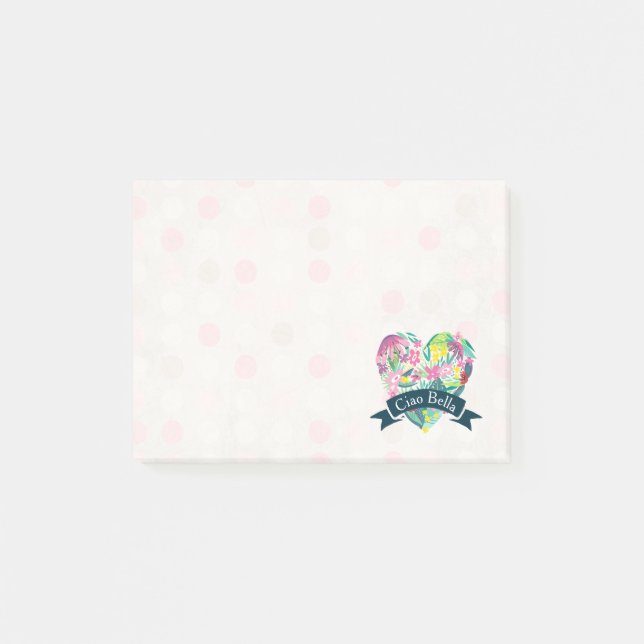 Ciao Bella Cute Blommigt Heart på Rosa Circles Post-it Block (Framsida)