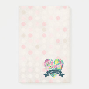 Ciao Bella Cute Blommigt Heart på Rosa Circles Post-it Block