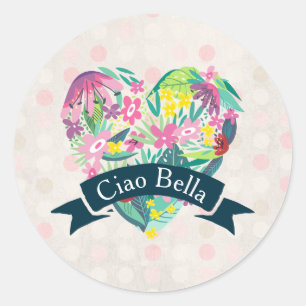 Ciao Bella Cute Blommigt Heart på Rosa Circles Runt Klistermärke