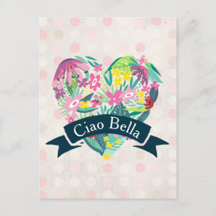 Ciao Bella Cute Blommigt Heart på Rosa Circles Vykort