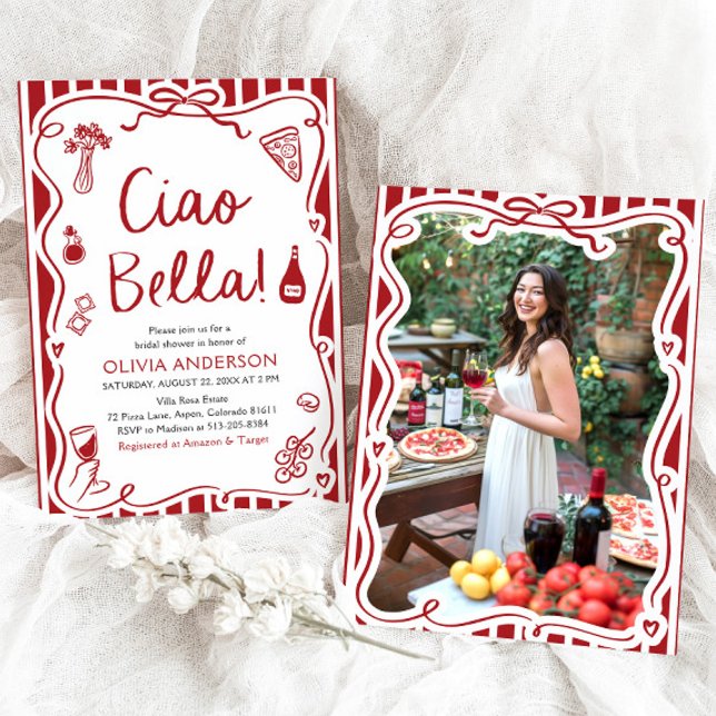 Ciao Bella Hand plockade Italia Pizza Möhippa Inbjudningar (Watercolor Ciao Bella Hand Drawn Italian Pizza Pasta Wine Bridal Shower Invitation)