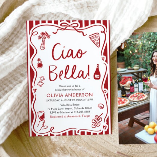 Ciao Bella Hand plockade Italia Pizza Möhippa Inbjudningar (Watercolor Ciao Bella Hand Drawn Italian Pizza Pasta Wine Bridal Shower Invitation)