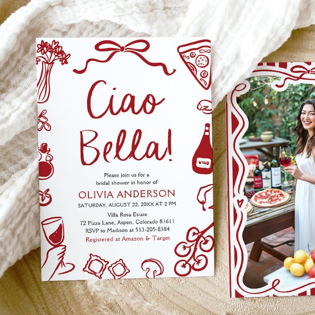 Ciao Bella Hand plockade Italia Pizza Möhippa Inbjudningar (Red Italian Ciao Bella Whimsical Hand Drawn Pizza Pasta Wine Bridal Shower Invitation)
