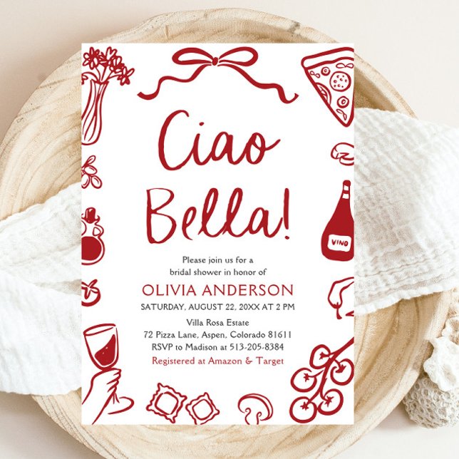 Ciao Bella Hand plockade Italia Pizza Möhippa Inbjudningar (Red Italian Ciao Bella Whimsical Hand Drawn Pizza Pasta Wine Bridal Shower Invitation)