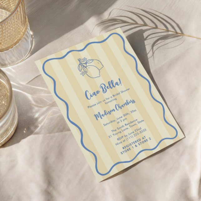 Ciao Bella Handskriftlig Gult Blue Möhippa Inbjudningar (Ciao to Miss yellow and blue boho wavy border italian theme bridal shower invitation cards)