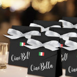 Ciao Bella Italian Elegant Script Black  Presentaskar<br><div class="desc">Embrace the essence of femininity with our charming black favor box, adorned with a satin bow. This box is not just a token of appreciation; it's a celebration of the feminine spirit. The front closure delicately features a petite Italian flag, while the front of the box boasts an elegant white...</div>