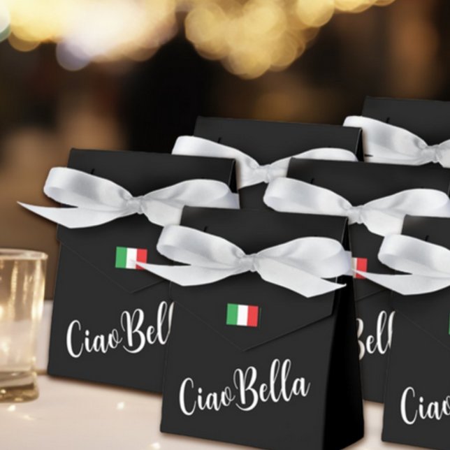 Ciao Bella Italiensk Elegant Skrift Svart Presentaskar (Ciao Bella Black Favor Box with Custom Wording on Back for Bridal Showers, Spa, Bachelorette Party)