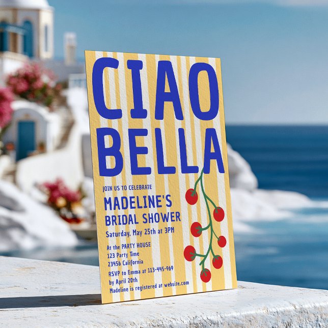 Ciao Bella Italiensk Retro Randig Blå Bröllopsfest Inbjudningar (Ciao Bella Italian Retro Stripe Blue Bridal Shower Invitation)