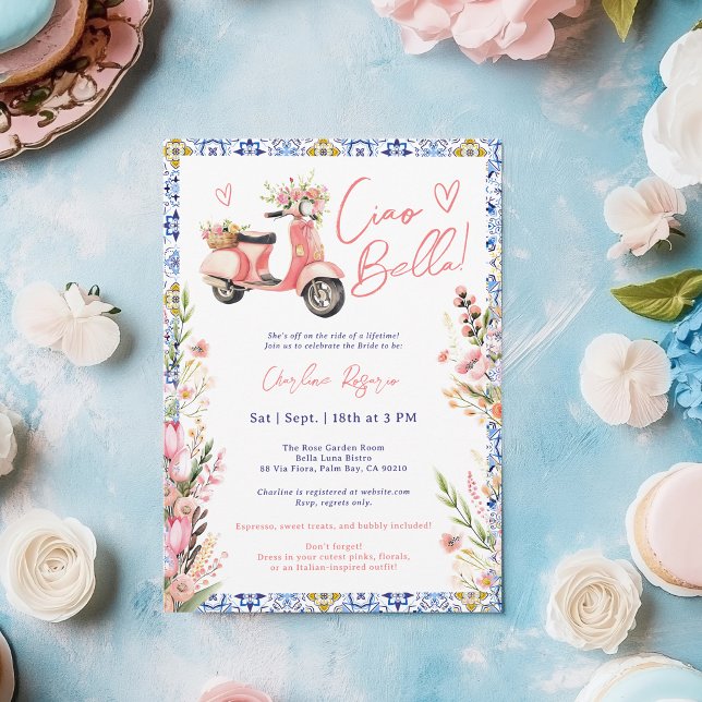 Ciao Bella Italienska Scooter Blommigt Möhippa Inbjudningar (Ciao Bella Italian Scooter Floral Bridal Shower Invitation)