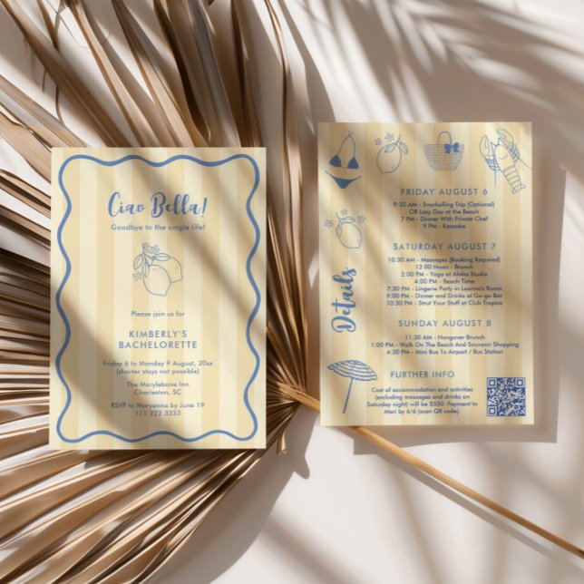 Ciao Bella Squiggle Gräns Bachelorette Helg Inbjudningar (Ciao Bella Yellow Stripes Blue hand-drawn doodles lemons amalfi bachelorette weekend invitation)