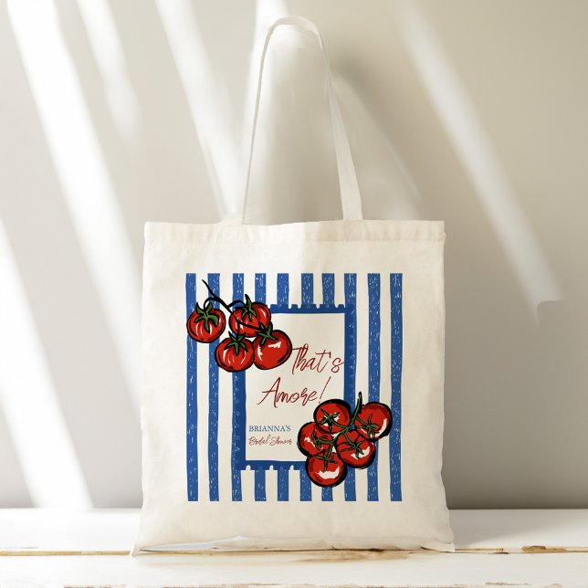 Ciao bella tomat italiensk bröllopsdusch gåvor pre tygkasse (Ciao bella that's amore tomato blue stripes Italian bridal shower favor gifts personalized Tote Bag)