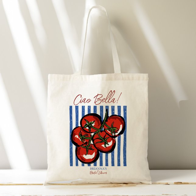 Ciao bella tomato Italian bridal shower favor gift Tygkasse (Ciao bella tomatoes blue stripes Italian bridal shower favors personalized Tote Bag bridesmaid gifts)