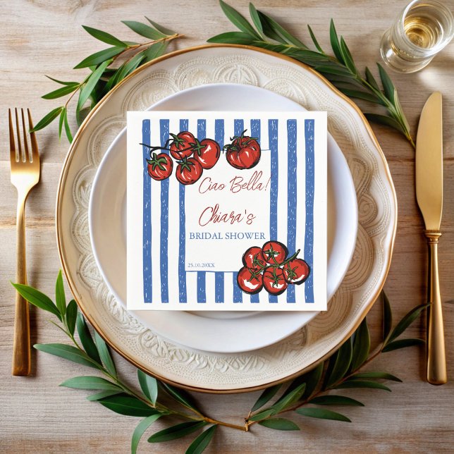 Ciao bella tomatstrimmor Italiensk bröllopsfest fö Pappersservett (Ciao bella tomato blue stripe Italian farmers market bridal shower personalized printed Napkins)