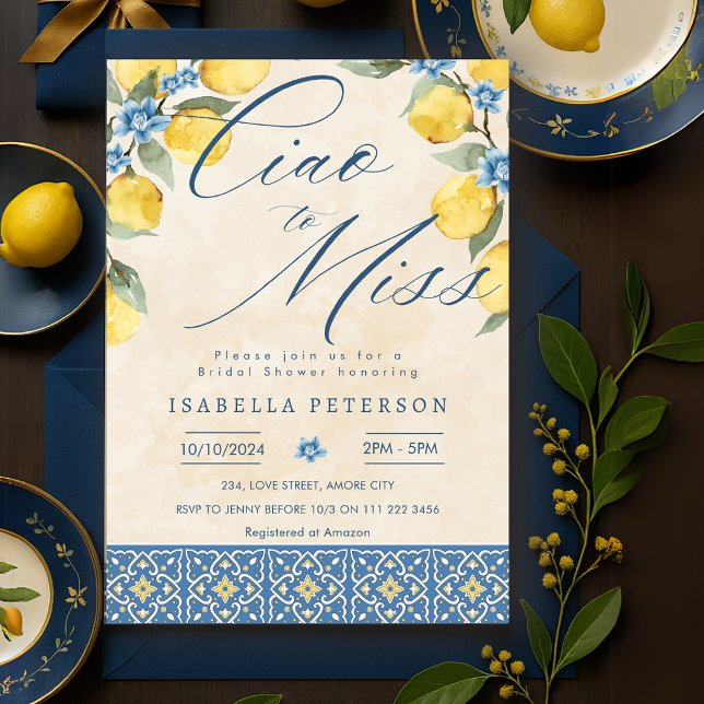 Ciao, miss Italiana Blue Tiles Möhippa Inbjudningar (Ciao to Miss Italian Blue Tiles Bridal Shower Invitation)