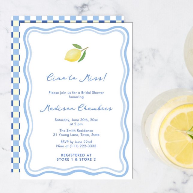 Ciao till miss Dolce Vita Blue Gult Möhippa Inbjudningar (Ciao to Miss Dolce Vita Italian citrus lemon bridal shower invitation in blue and white)