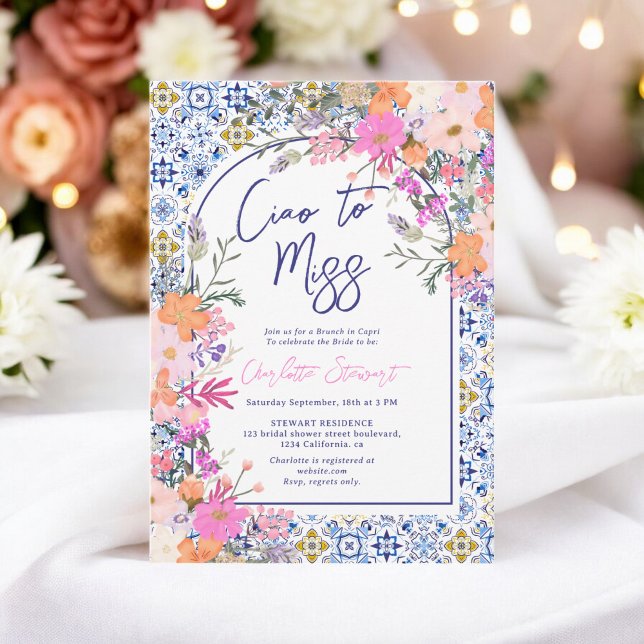Ciao till Miss Italienska Tile Blommigt möhippa Inbjudningar (Ciao to Miss Italian Tile Floral bridal shower Invitation)
