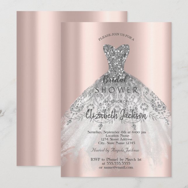 Cic Rose Gold Glitter Klänning, Bröllopsfest Inbju Inbjudningar (Fram/baksida)