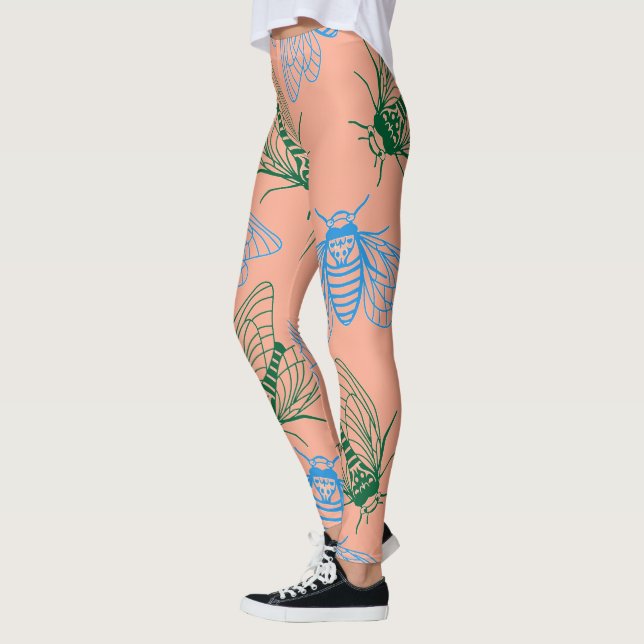 Cicada Botanical Illustration Pattern Coral Pink Leggings (Vänster)