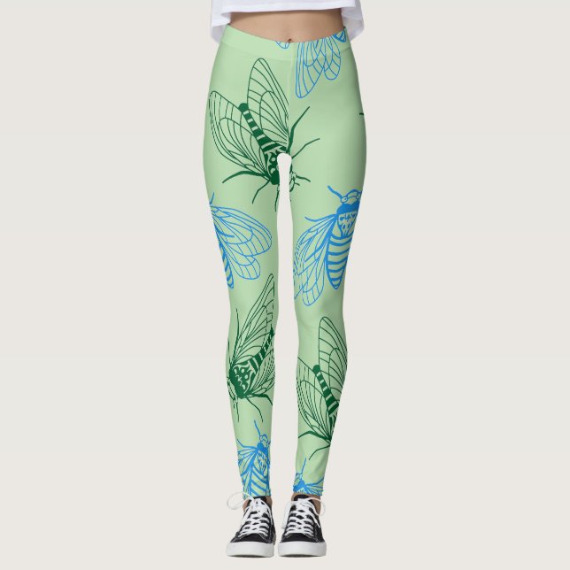 Cicada Botanical Illustration Pattern Green  Leggings (Framsida)