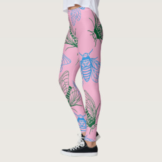 Cicada Botanical Illustration Pattern Pink Leggings