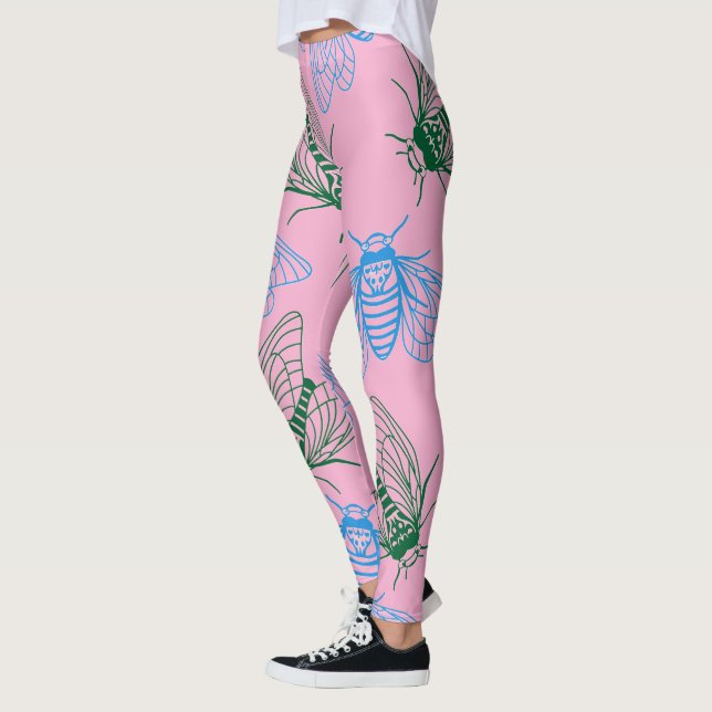 Cicada Botanical Illustration Pattern Pink Leggings (Vänster)
