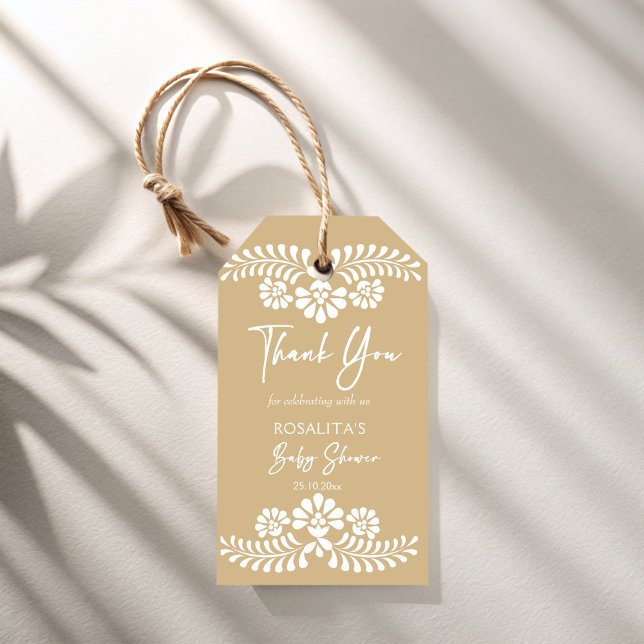 Cielito lindo beige Mexikanska babyduschfavörer Presentetikett (Cielito lindo beige Mexican fiesta papel picado baby shower favors personalized Gift Tags)