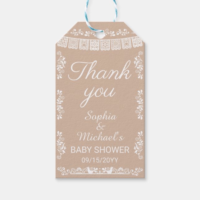 Cielito Lindo Beige Papel Picado Baby Shower Presentetikett (Framsidan)