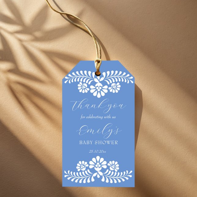 Cielito lindo dammig blå mexikansk baby shower presentetikett (Cielito lindo dusty blue Mexican baby shower favors personalized name  Gift Tags)