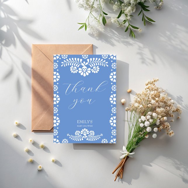 Cielito lindo dammig blå mexikansk babydusch tack kort (Cielito lindo dusty blue Mexican baby shower Thank You Cards  fiesta papel picado thank you cards)