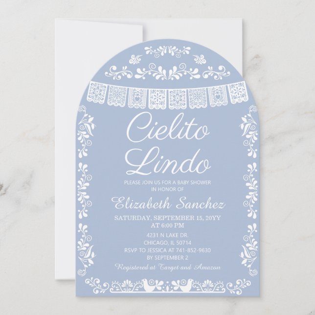 Cielito Lindo Dammtor Blue Papel Picado Baby Showe Inbjudningar (Framsida)