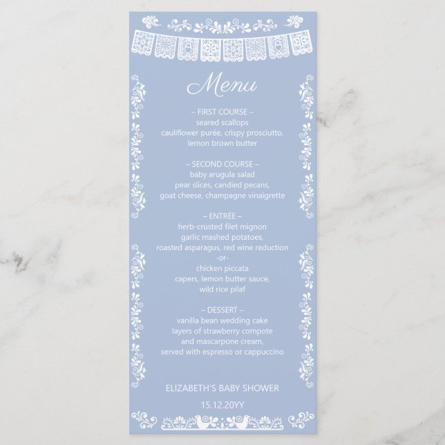 Cielito Lindo Dusty Blue Papel Picado Baby Shower Meny (Framsida)