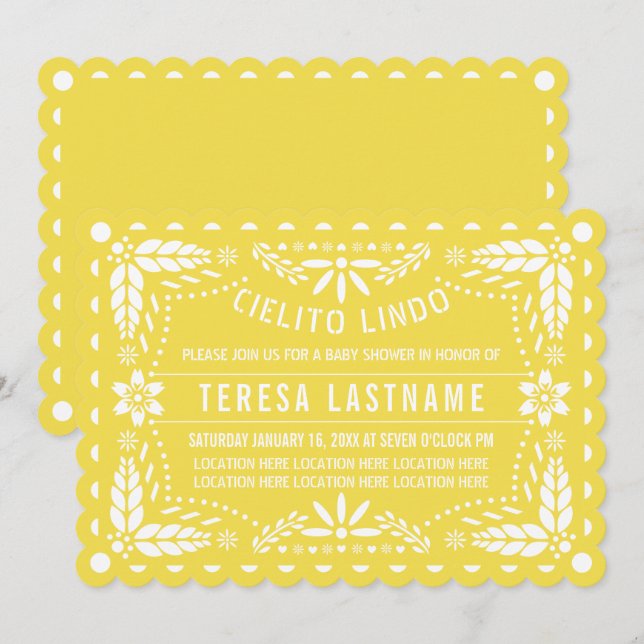 Cielito lindo gult papel picado babydusch inbjudningar (Fram/baksida)
