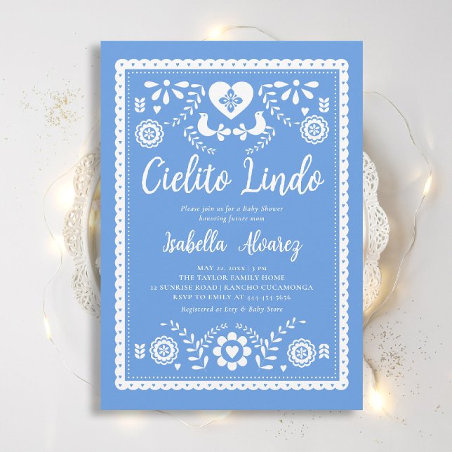 Cielito Lindo Mexican Picado Heart Baby Shower Inbjudningar (cielito lindo baby shower invitation mexican papel picado heart blue rancho fiesta elegant classy)