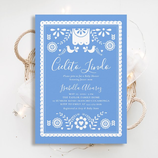 Cielito Lindo Mexikansk Papperstappning Baby Showe Inbjudningar (cielito lindo baby shower invitation mexican papel picado blue white rancho fiesta elegant classy)