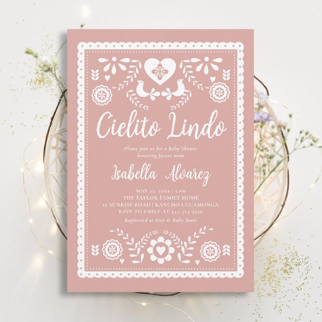 Cielito Lindo Mexikansk Picado Rosa Bebis Shower Inbjudningar (cielito lindo baby shower invitation mexican papel picado heart pink rancho fiesta elegant classy)