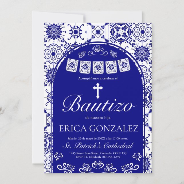 Cielito Lindo Navy Blue Dop Talavera Inbjudningar (Framsida)