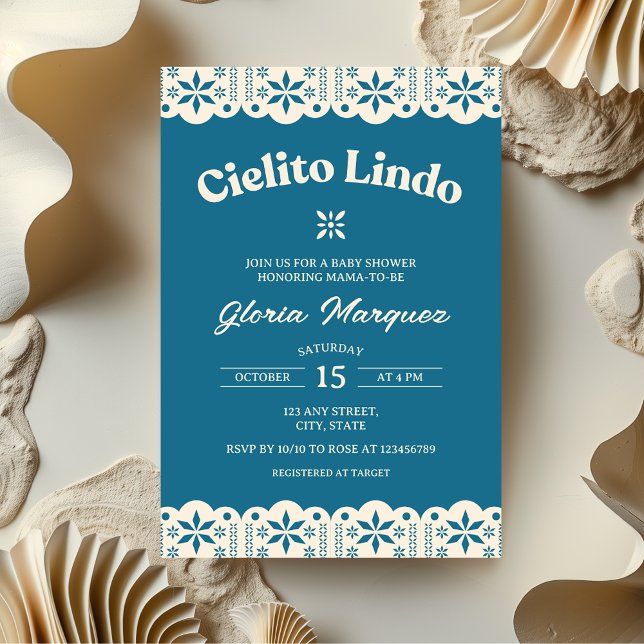 Cielito Lindo Papel Picado Blue Boy Shower Inbjudningar (Cielito Lindo Blue Baby Shower Invitation)