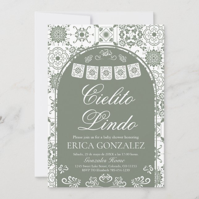 Cielito Lindo Papper Pyntat Babyfirande Sälggrönt Inbjudningar (Framsida)
