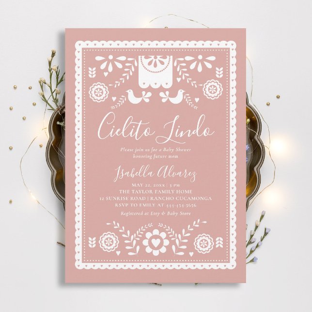 Cielito Lindo Pink Papel Picado Baby Shower Inbjudningar (cielito lindo baby shower invitation mexican papel picado pink rancho fiesta elegant classy)