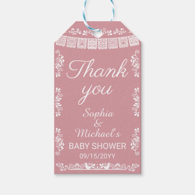 Cielito Lindo Rosa Baby Shower med Papel Picado Presentetikett (Framsidan)