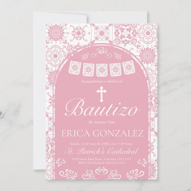 Cielito Lindo Rosa Bautizo Talavera Inbjudningar (Framsida)