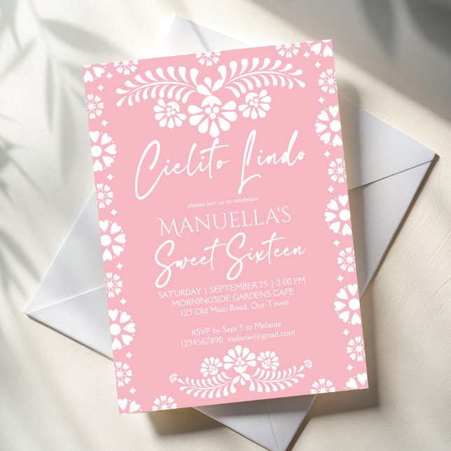 Cielito lindo rosa mexikansk söt 16 födelsedagsfes inbjudningar (Cielito lindo pink and white Mexican sweet 16 birthday party Invitation cards template)