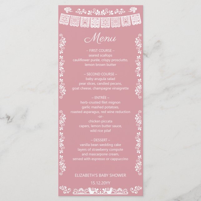 Cielito Lindo Rosenskära Papel Picado Baby Shower Meny (Framsida)