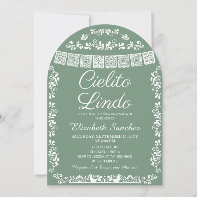 Cielito Lindo Sage Green Papel Picado Baby Shower Inbjudningar (Framsida)