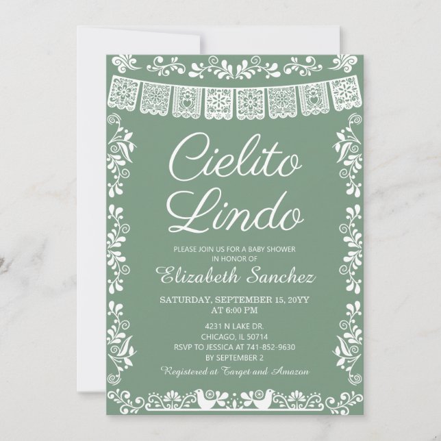Cielito Lindo Sage Green Papel Picado Baby Shower Inbjudningar (Framsida)